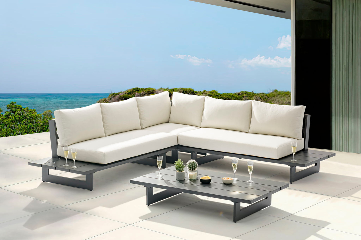 Maldives - Water Resistant Outdoor Patio Sectional With Gray Frame - Cream