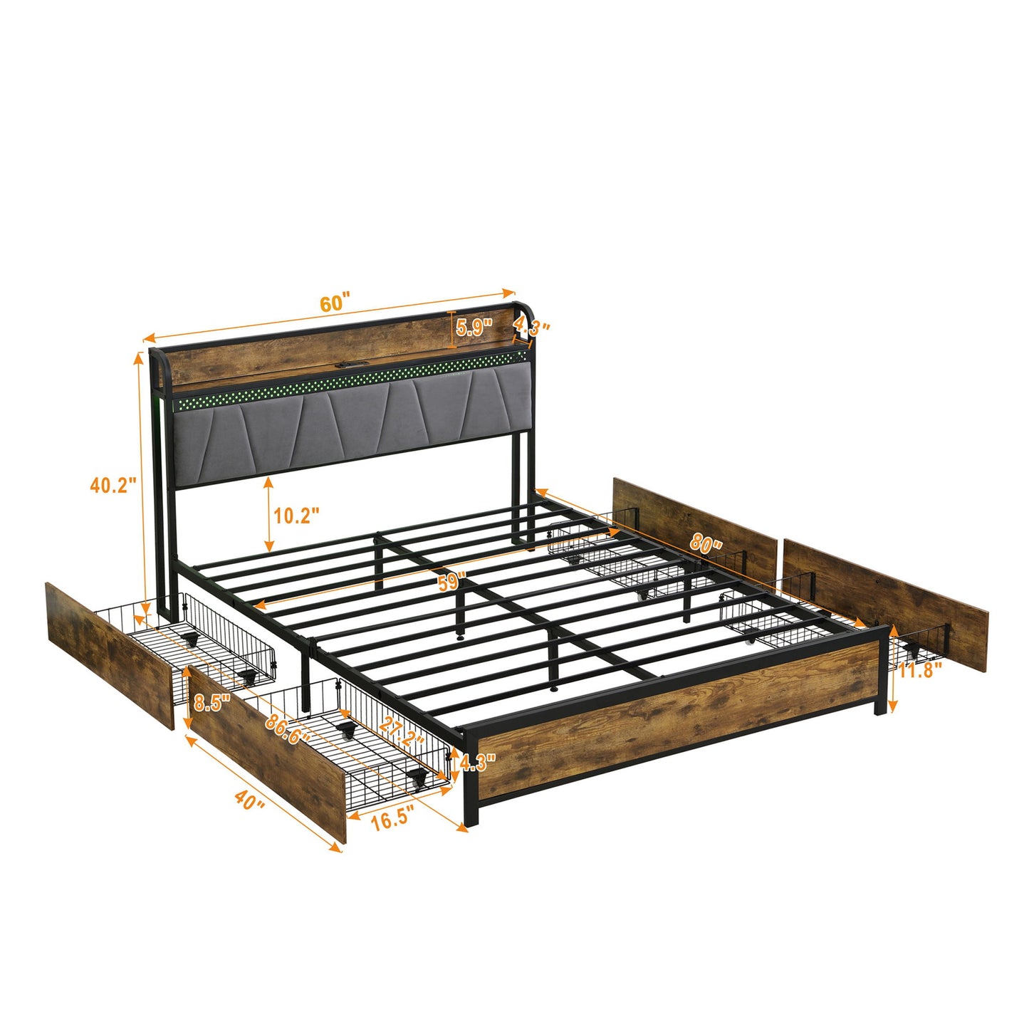 Contemporary Bed Frame With Storage Headboard, Charging Station, LED Lights