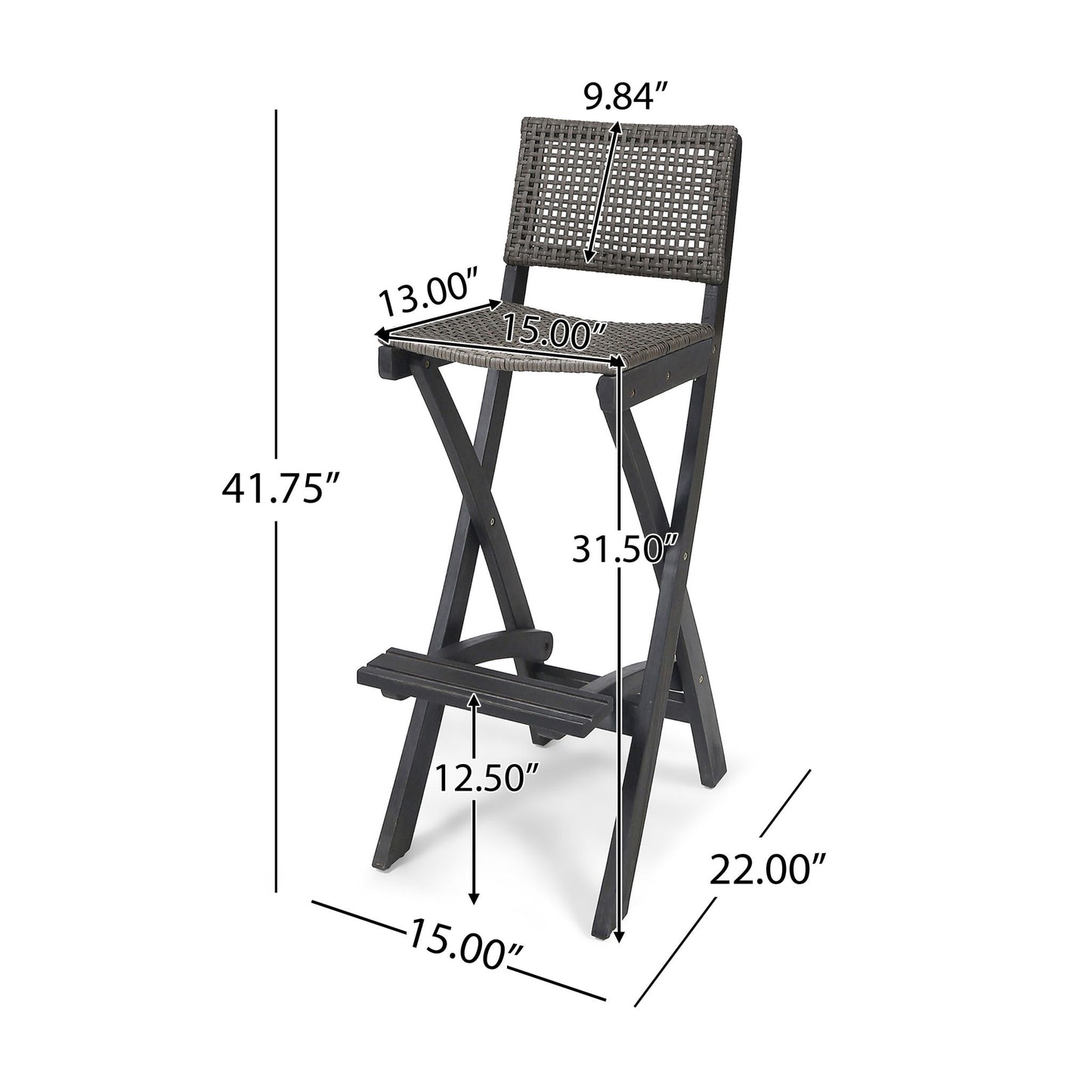 Outdoor Folding Acacia Wood Barstools With Rattan Backrest And Seat, (Set of 2) - Dark Gray