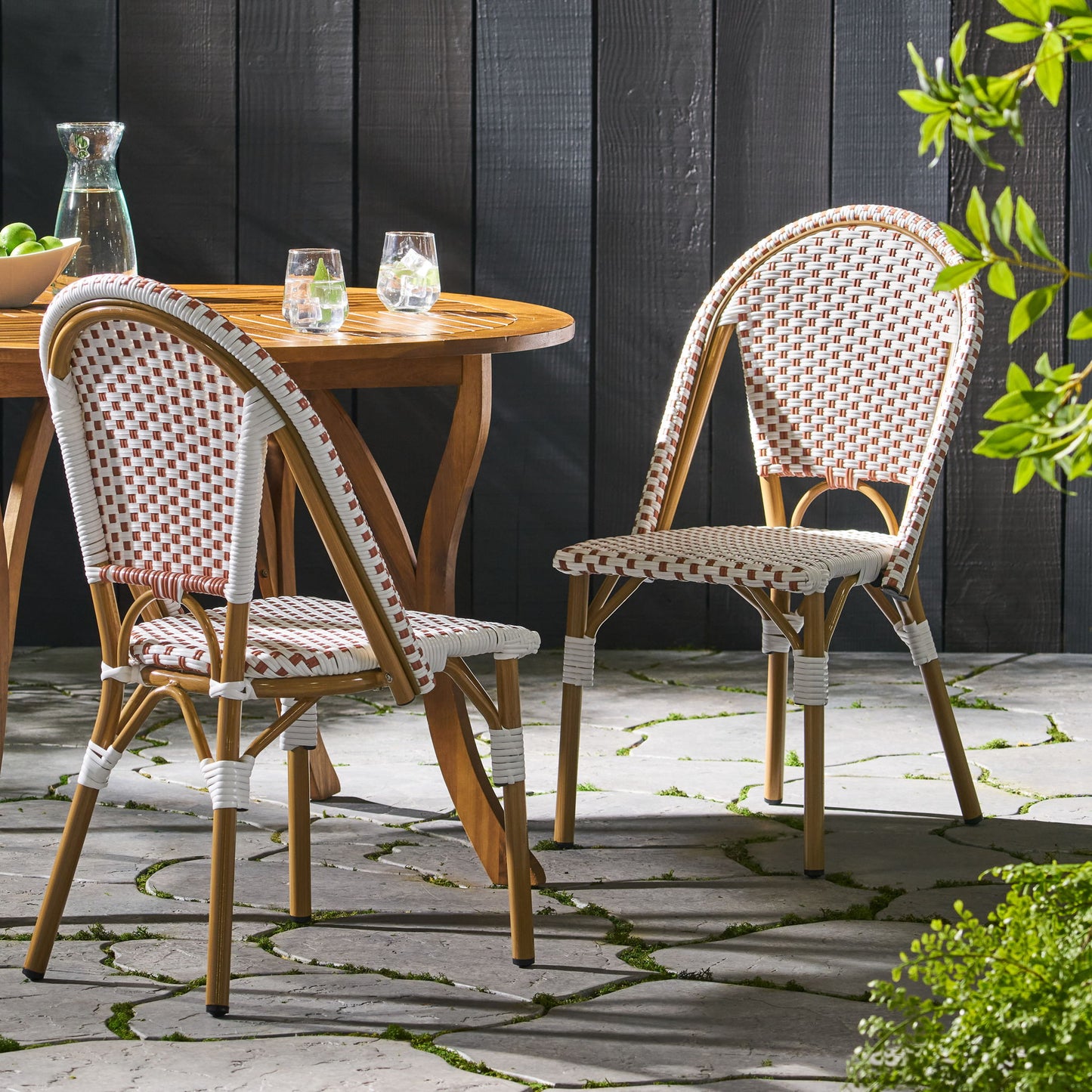Outdoor Rattan And Aluminum French Bistro Chairs (Set of 2) Bamboo Print - Rust Red / White