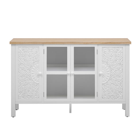 Retro TV Stand With 3 Spacious Cabinets, Glass Cabinet Doors And Anti-Tip Device