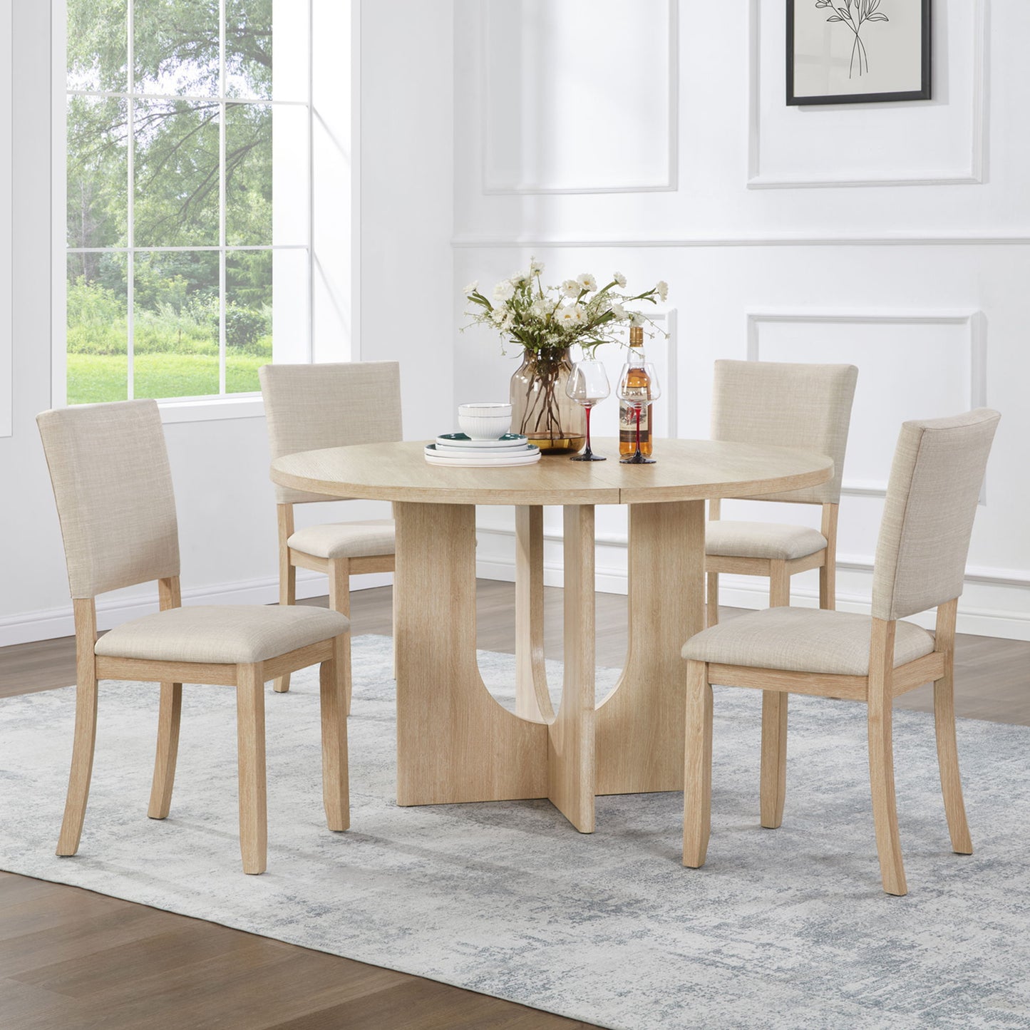 Round Dining Set With 4 Upholstered Dining Chairs