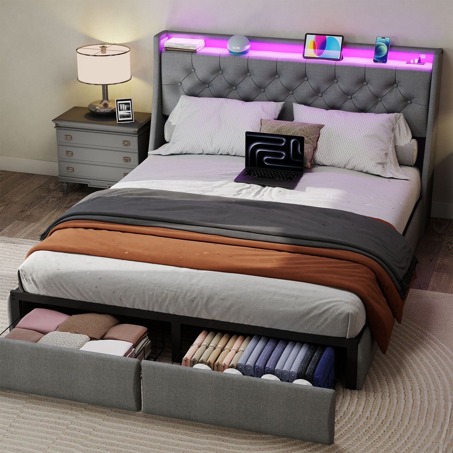 Floating Bed Frame With Rgb LED Light, 2 Storage Drawers & Headboard Shelf