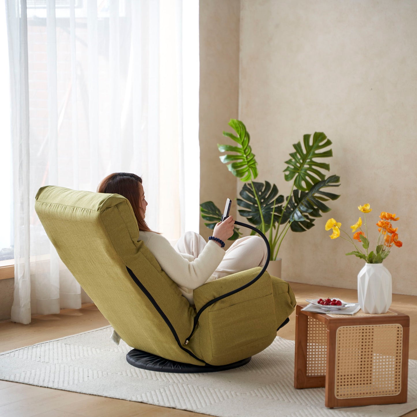 Adjustable Swivel Lounge Chair With 360 Degree Rotating Seat And Headrest Support