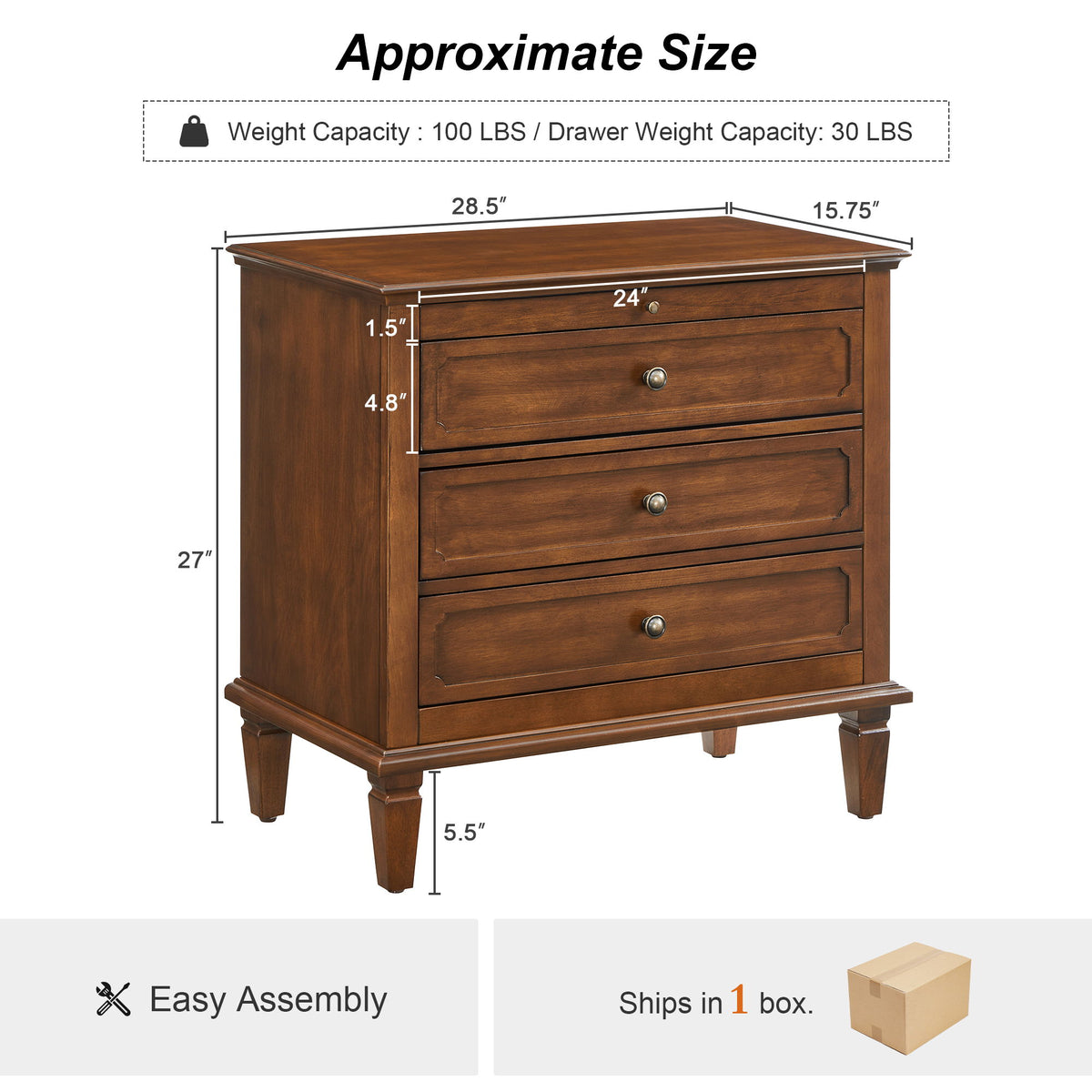 3 Drawer Nightstand With Charging Station, Bedside Table With USB & Type C Port And 2 AC Outlets