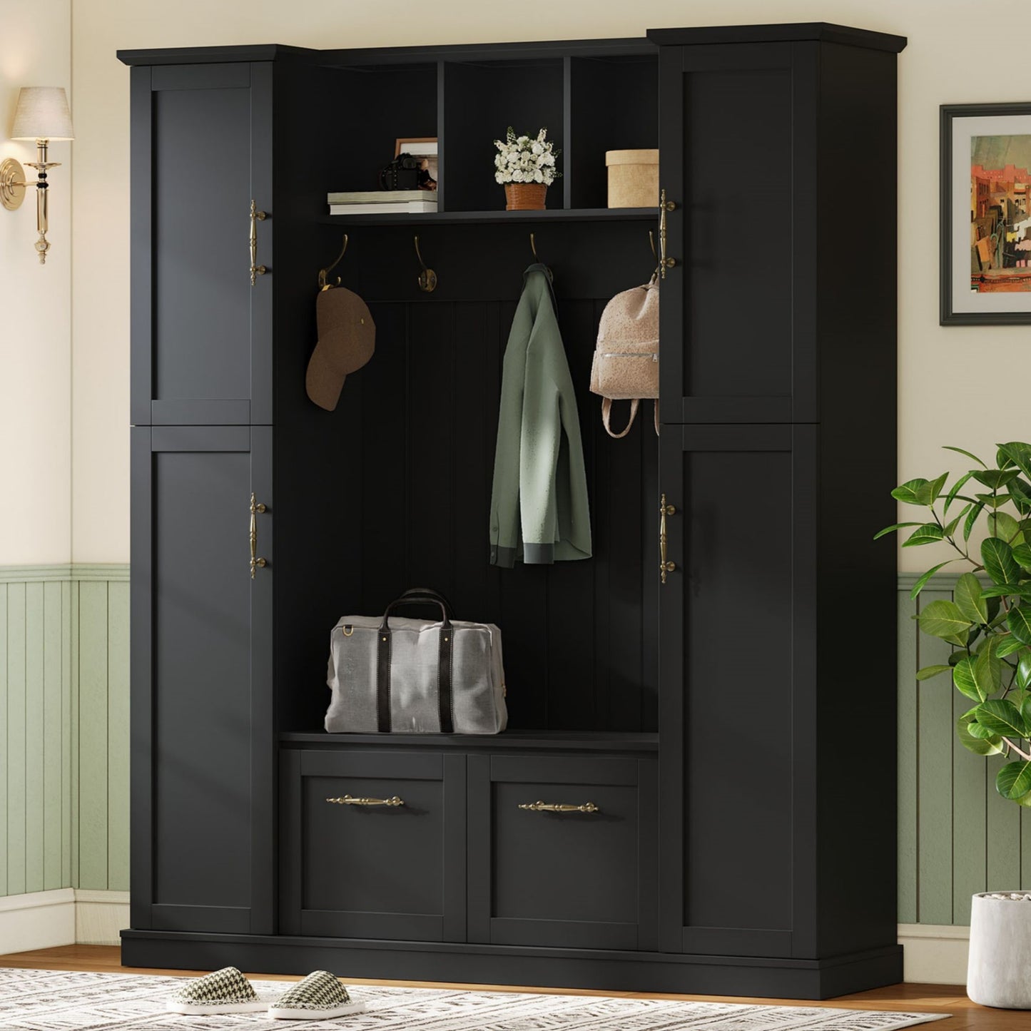Hall Tree With 4 Side Cabinets