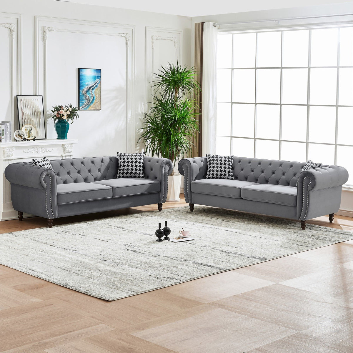 Chesterfield Upholstery Fabric Sofa With Roll Armrest & Nailhead, Mid Century Modern 3 And 3 Seater Couch