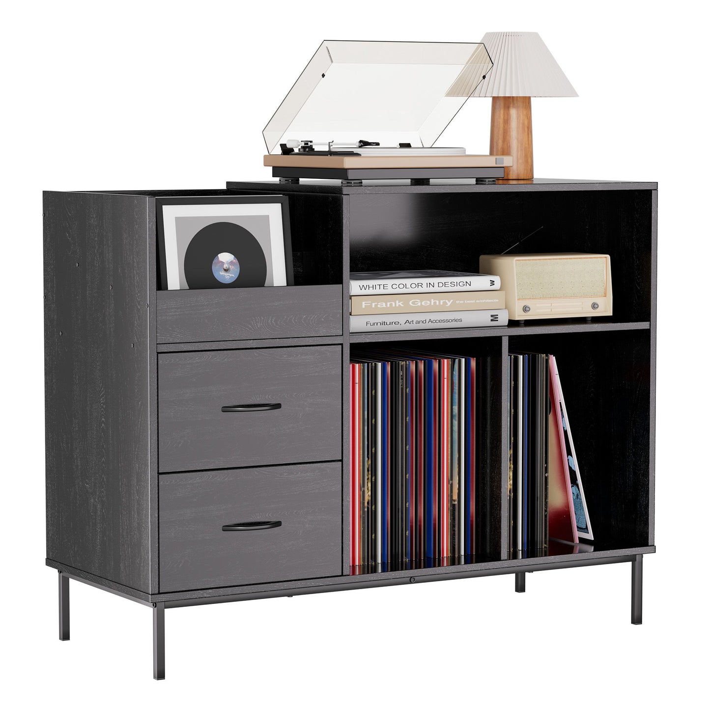 Record Player Stand With Power Outlet & Flip-Down Lid, Turntable Console With 2 Drawers And Storage For 300+ Vinyls, Some Assembly Required - Black