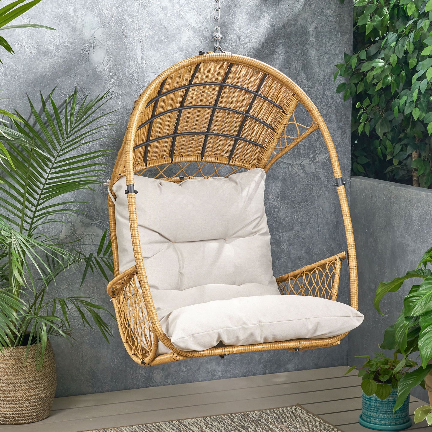 Malia - Outdoor / Indoor Wicker Hanging Chair With Cushion - Brown / Beige