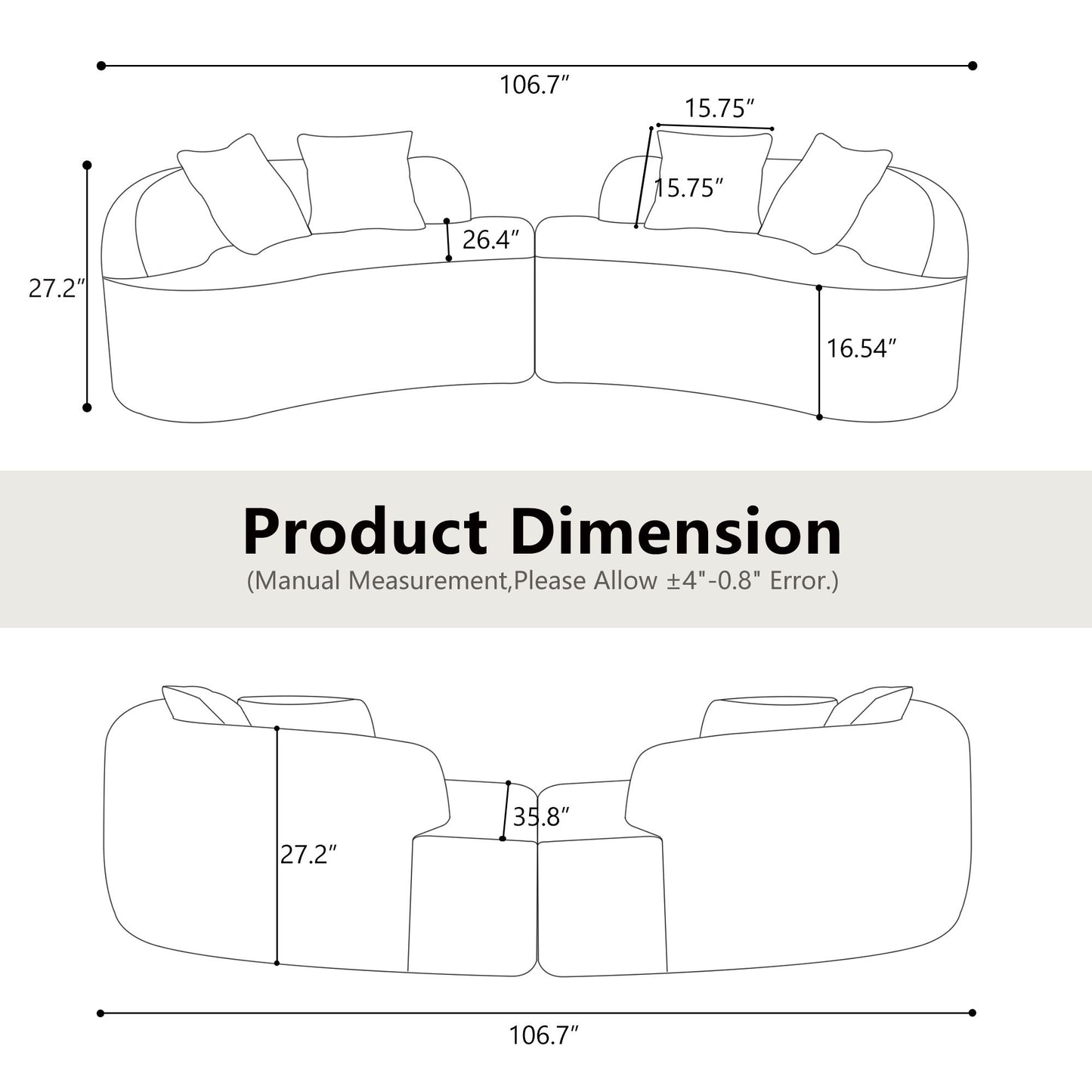 Curved 4 Seater Sofa For Small Spaces - Gray