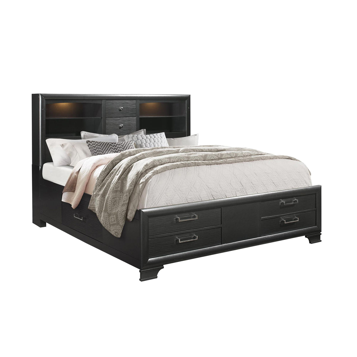 Civic - King Storage Bed With Bookcase Headboard And Built In Lighting - Gray