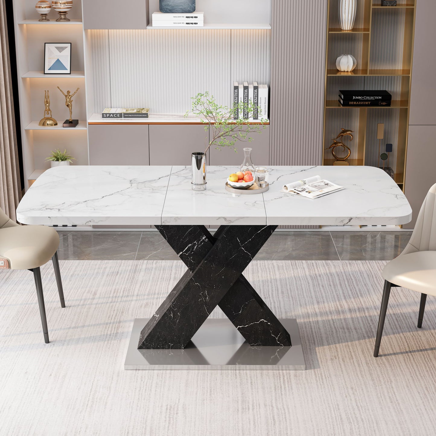 Rectangle Dining Table With Stretchable Top, X Shape Mdf Legs With Steel Base - White / Black