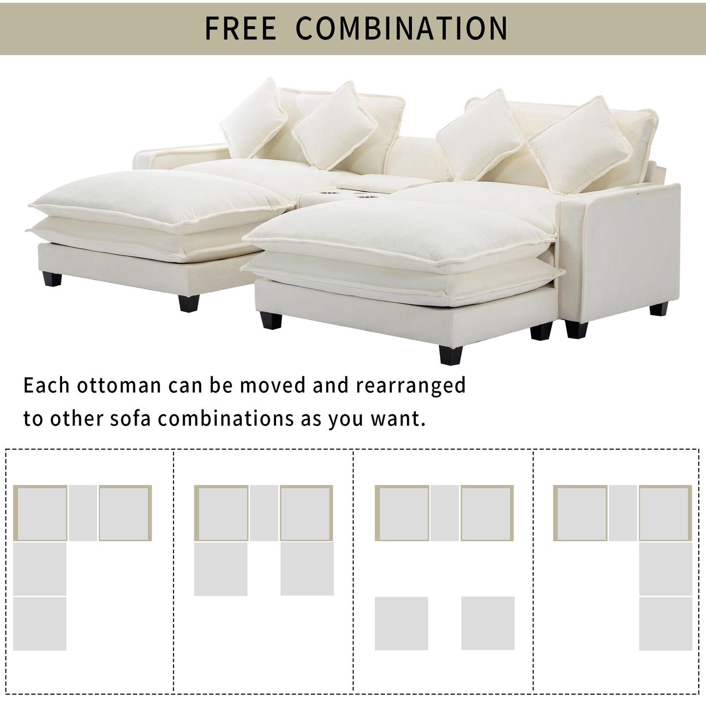 Sectional Sofa Upholstered Sofa With Two Removable Ottoman, Two USB Ports, Two Cup Holders And Large Storage Box For Living Room