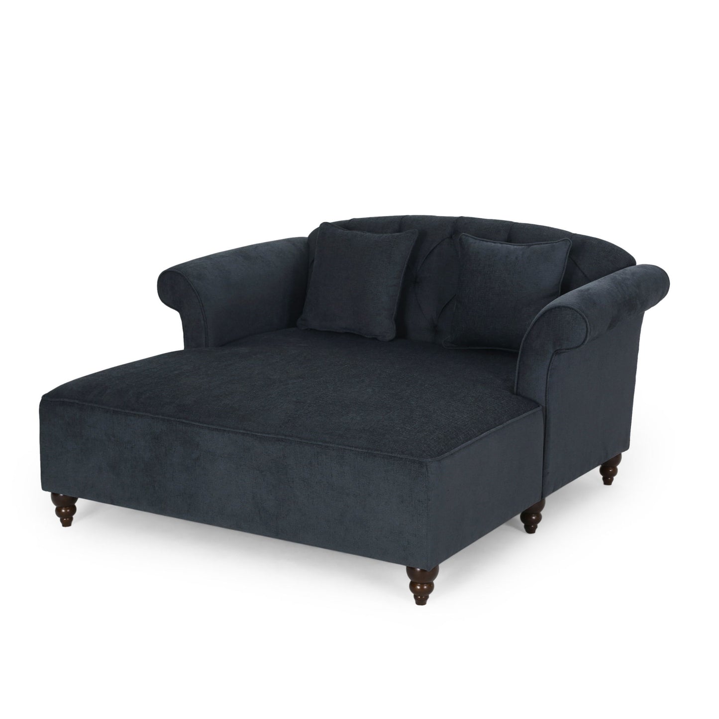 Upholstered Chaise Lounge & Scroll Arms, Turned Legs And 2 Pillows - Charcoal