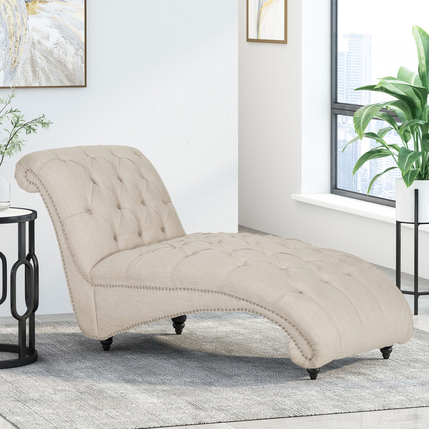 Chaise Lounge With Button Tufted Diamon Stitch - Beige