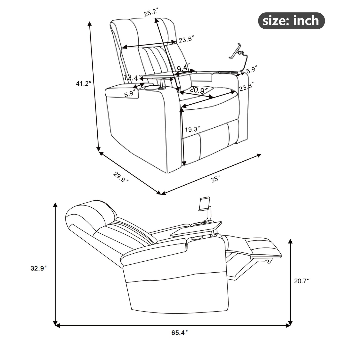 Power Recliner With Storage Arms, Cupholders, Swivel Tray Table And Cell Phone Stand - Brown