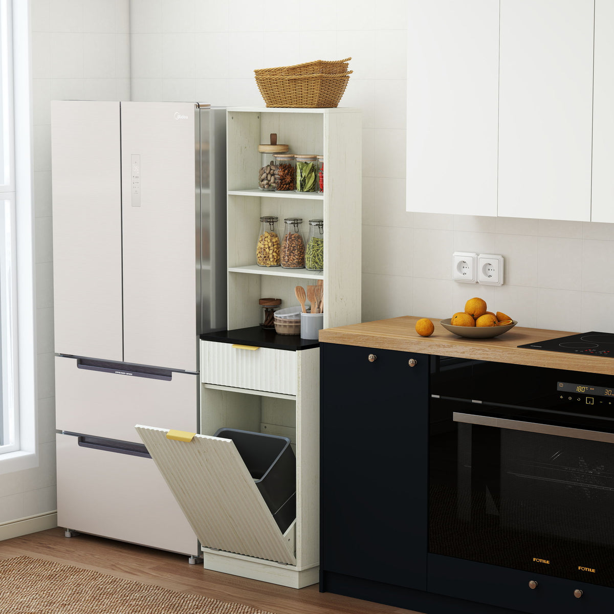 Tall Narrow Fluted Storage Cabinet With Trash Bin Compartment For Kitchen (Trash Can Not Included)