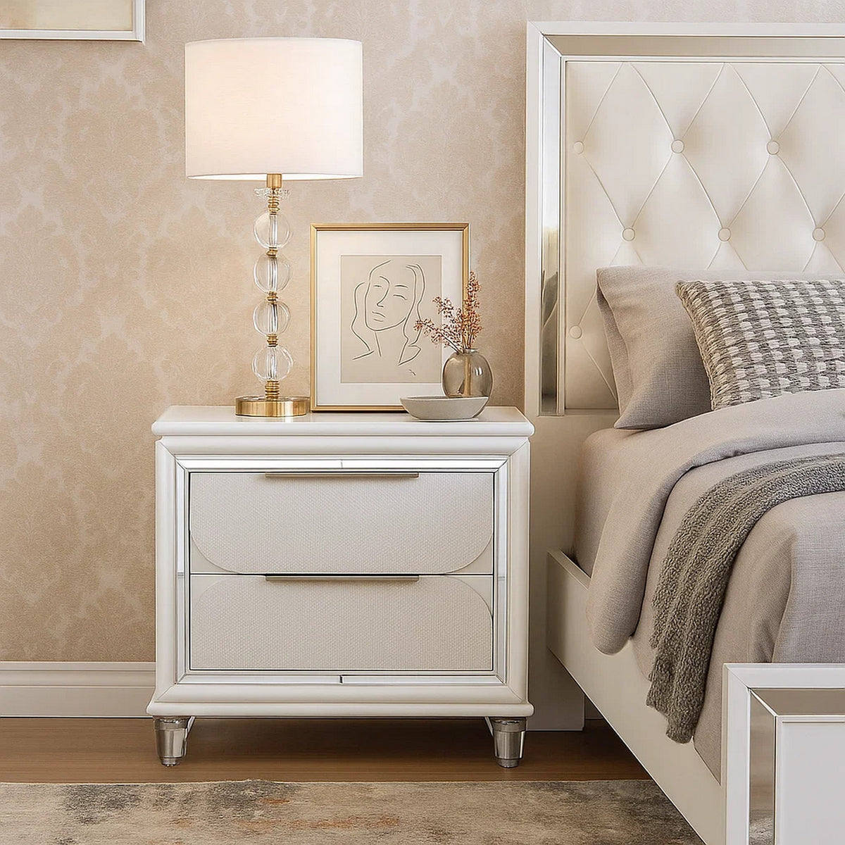 48-MESITAS DE NOCHE / NIGHTSTANDS #2 - ESPEJO BLANCO CON 2 GAVETAS - SET DE 2 - $599