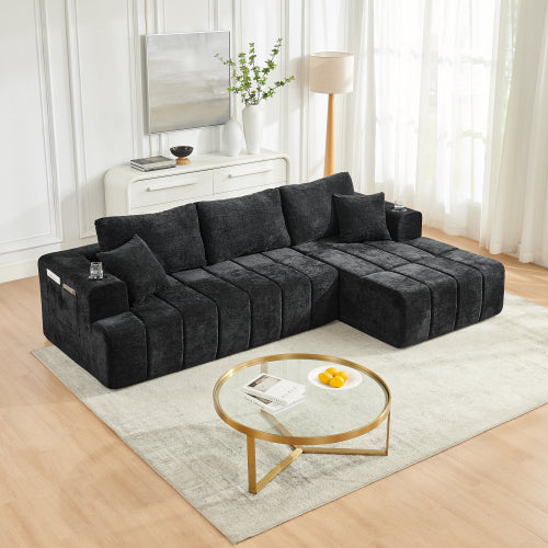 SALA NEGRAS #32- 108" L-Shaped Chenille Sectional Sofa, Cloud Style Boneless Sofa with Chaise, Modern Upholstered Couch with Cup Holders & Side Pockets, Compression Sofa for Living Room, No Assembly Required, Black