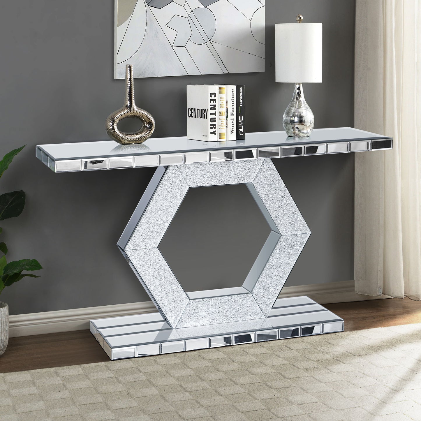 Sparkling Crystal Hexagon Mirror Entryway Premium Modern Foyer Console Table With Diamond Glass Effects, Dual Tier Luxury Sofa Table - Silver