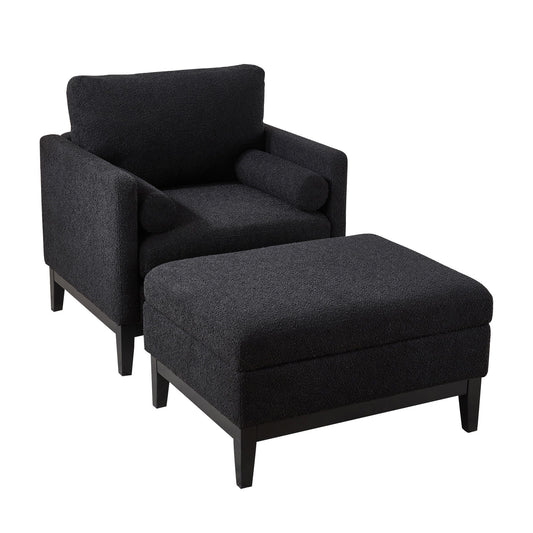 Farmhouse Upholstered Accent Chair With Ottoman, Reversible Lid Coffee Table