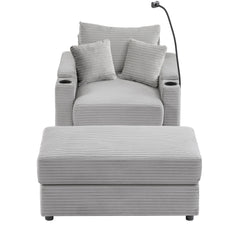 Single Sofa Couch With Storage Space, Movable Ottoman, USB Ports, Cup Holders, Phone Holder
