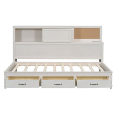 Twin Size Daybed With 3 Storage Drawers, Upper Soft Board, Shelf, And A Set Of Sockets And USB Ports - White