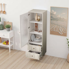 Tall Storage Cabinet With Tempered Glass Door, 2 Drawers And Adjustable Shelf