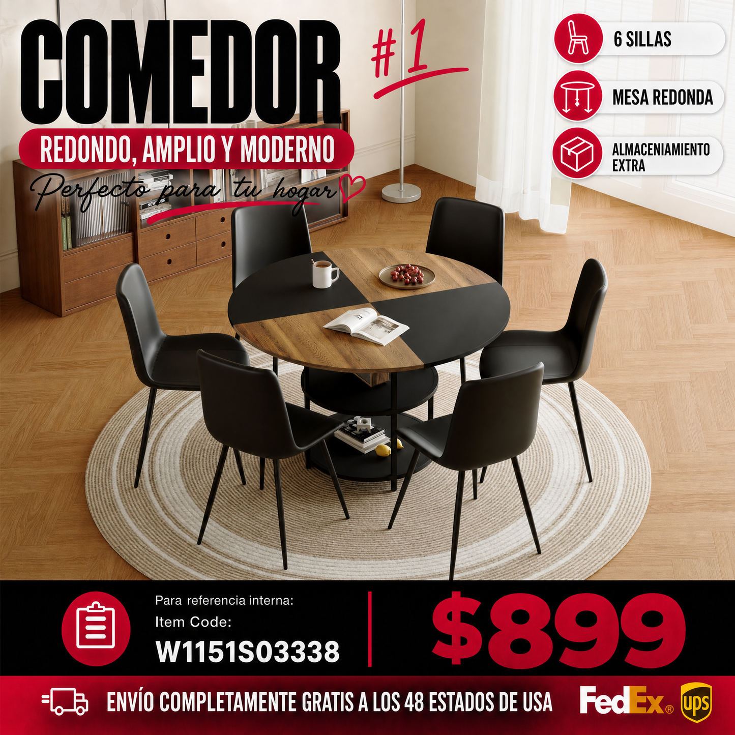 Comedor Circular Moderno 6 Puestos - Madera, Metal y Cuero Sintético Negro 48 - 001
