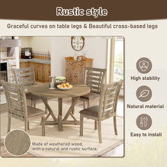 Modern Farmhouse Round Dining Table Solid Wood Rubberwood Antique Finishing Rustic Look Distressed Look Wire Brushed For 4 Seaters - Grayish Brown