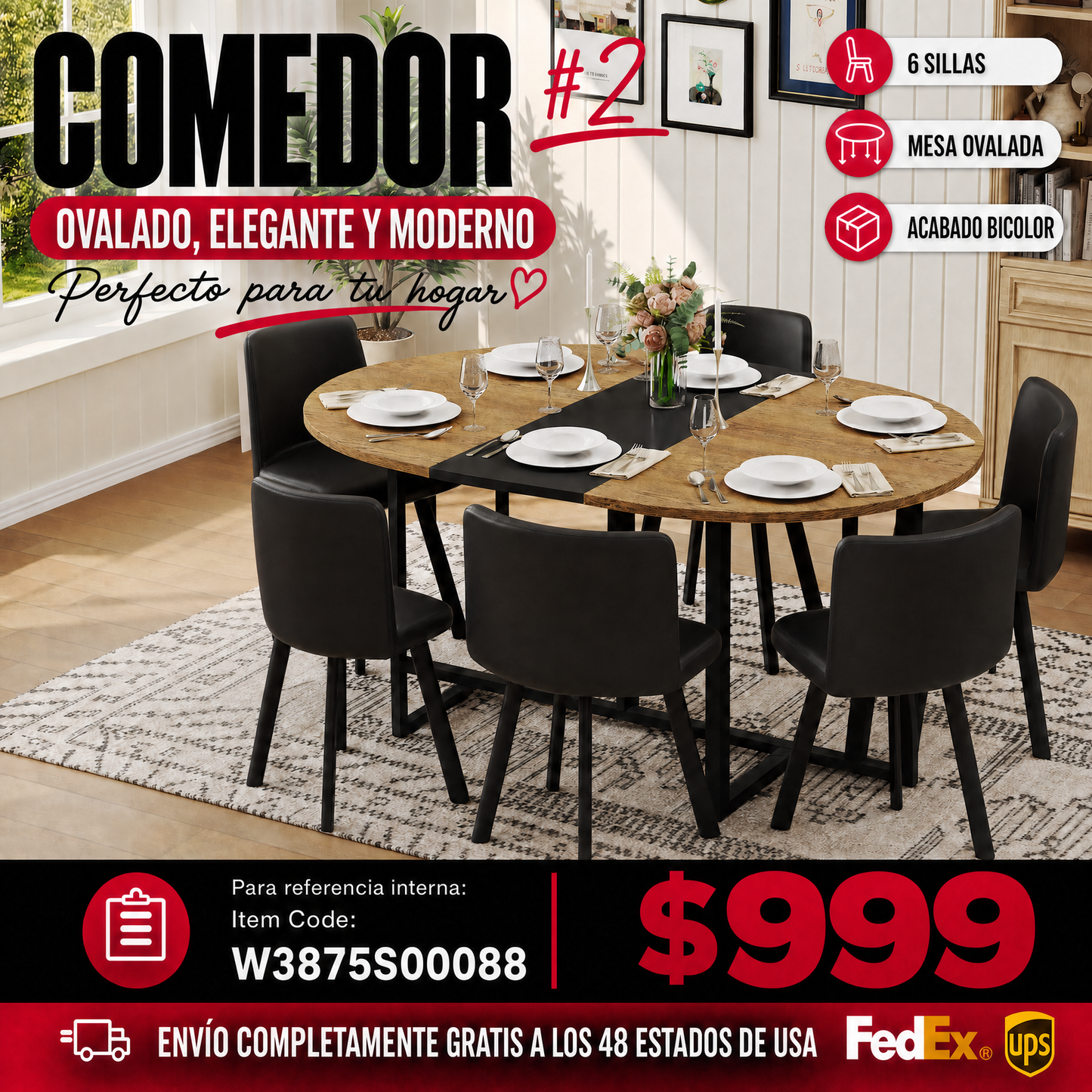 Comedor Ovalado 6 Puestos - Madera, Metal y Cuero Sintético Negro 48 - 002
