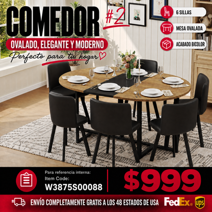 Comedor Ovalado 6 Puestos - Madera, Metal y Cuero Sintético Negro 48 - 002