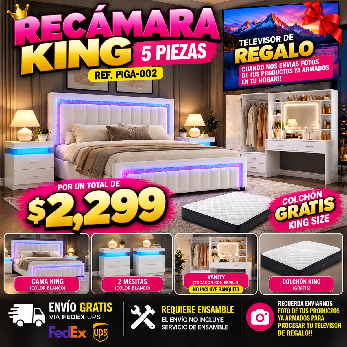 Recámara King 5 piezas con TV de regalo