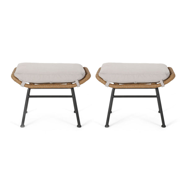 Outdoor Modern Boho Wicker Ottoman With Cushions (Set of 2)