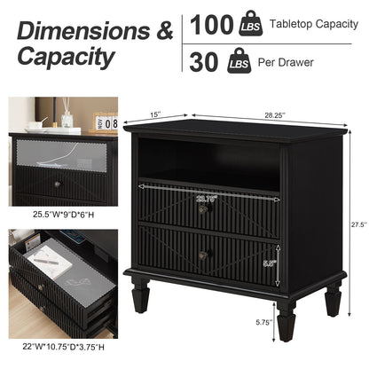 Nightstand With Charging Station, 2 Drawer Bedside Table - Black