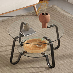 Retro Minimalist Style Metal Frame Double Layer Tempered Glass Coffee Table