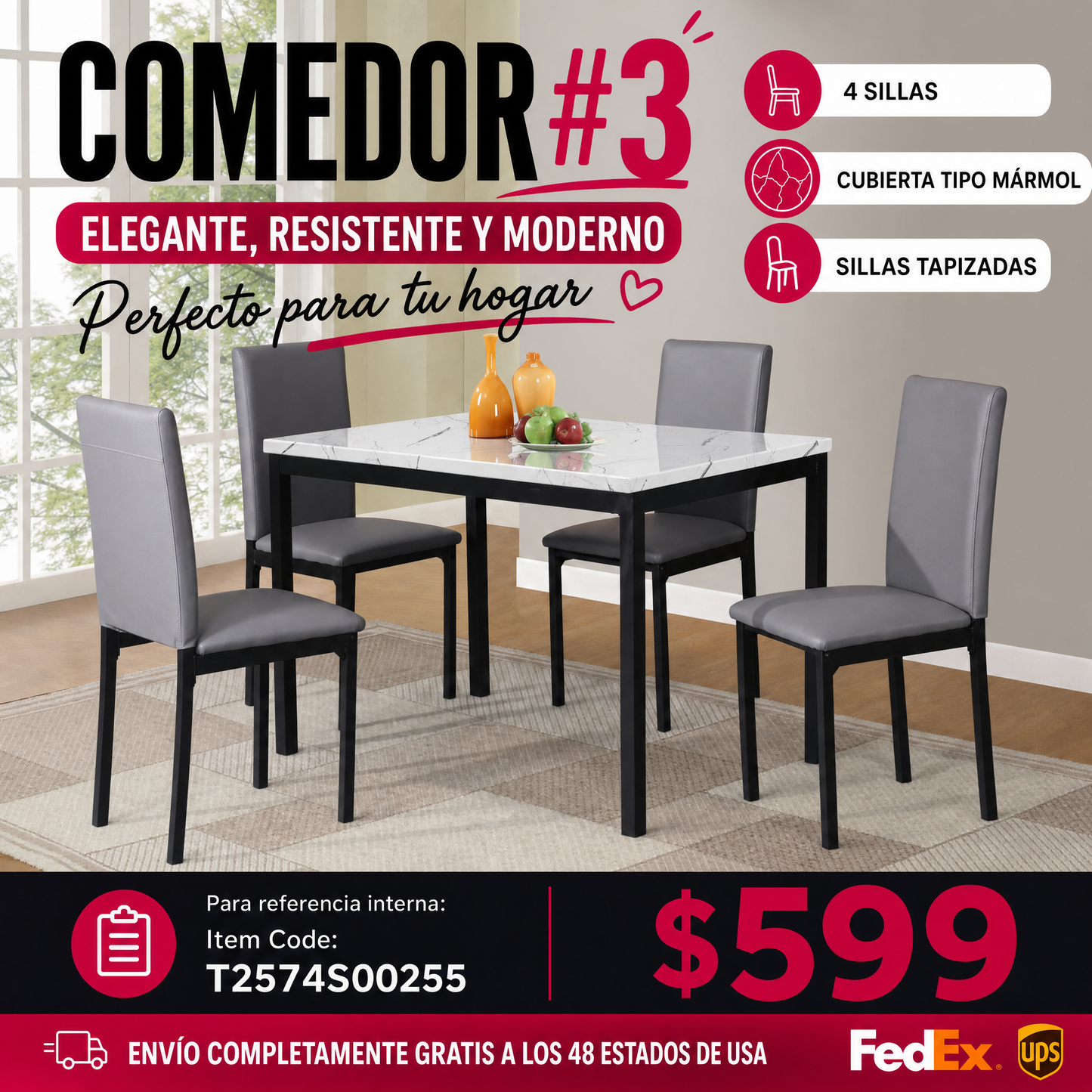 Comedor #3-5-Piece Metal Dinette Set with Laminated Off-white Faux Marble Top, 4 Gray Chairs
