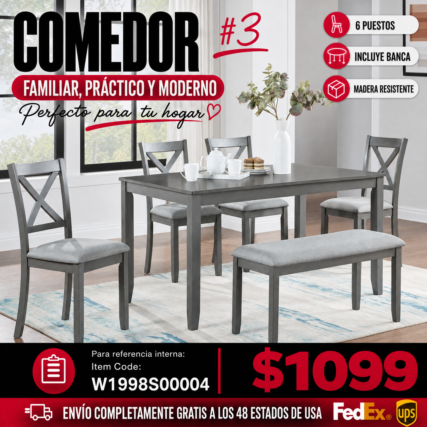 Comedor Rectangular de Madera 6 Puestos - 4 Sillas Tapizadas y Un Banco Gris 48 - 003