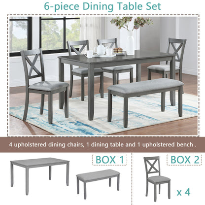Comedor Rectangular de Madera 6 Puestos - 4 Sillas Tapizadas y Un Banco Gris 48 - 003