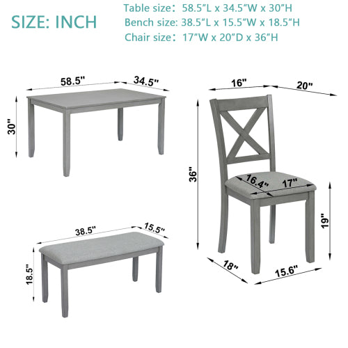 Comedor Rectangular de Madera 6 Puestos - 4 Sillas Tapizadas y Un Banco Gris 48 - 003