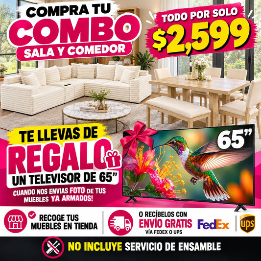 Combo sala y comedor con TV de 65 pulgadas de regalo