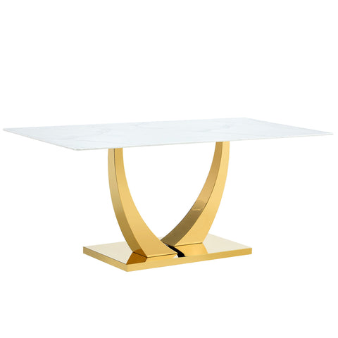 Modern Simple Rectangular Dining Table With Patterned Top And Smooth Legs For Kitchen Dining Room Or Living Room - Golden / White