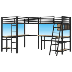 Mission Style Twin L-Shaped Loft Bed With LED, Storage Shelves, 2 Charging Stations, And 2 Built In Desks - Black