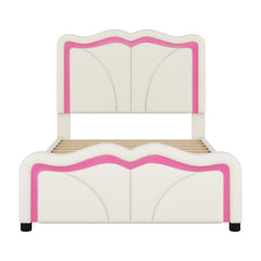 Upholstered Platform Bed & Curve Shaped And Height Adjustable Headboard, LED Light Strips