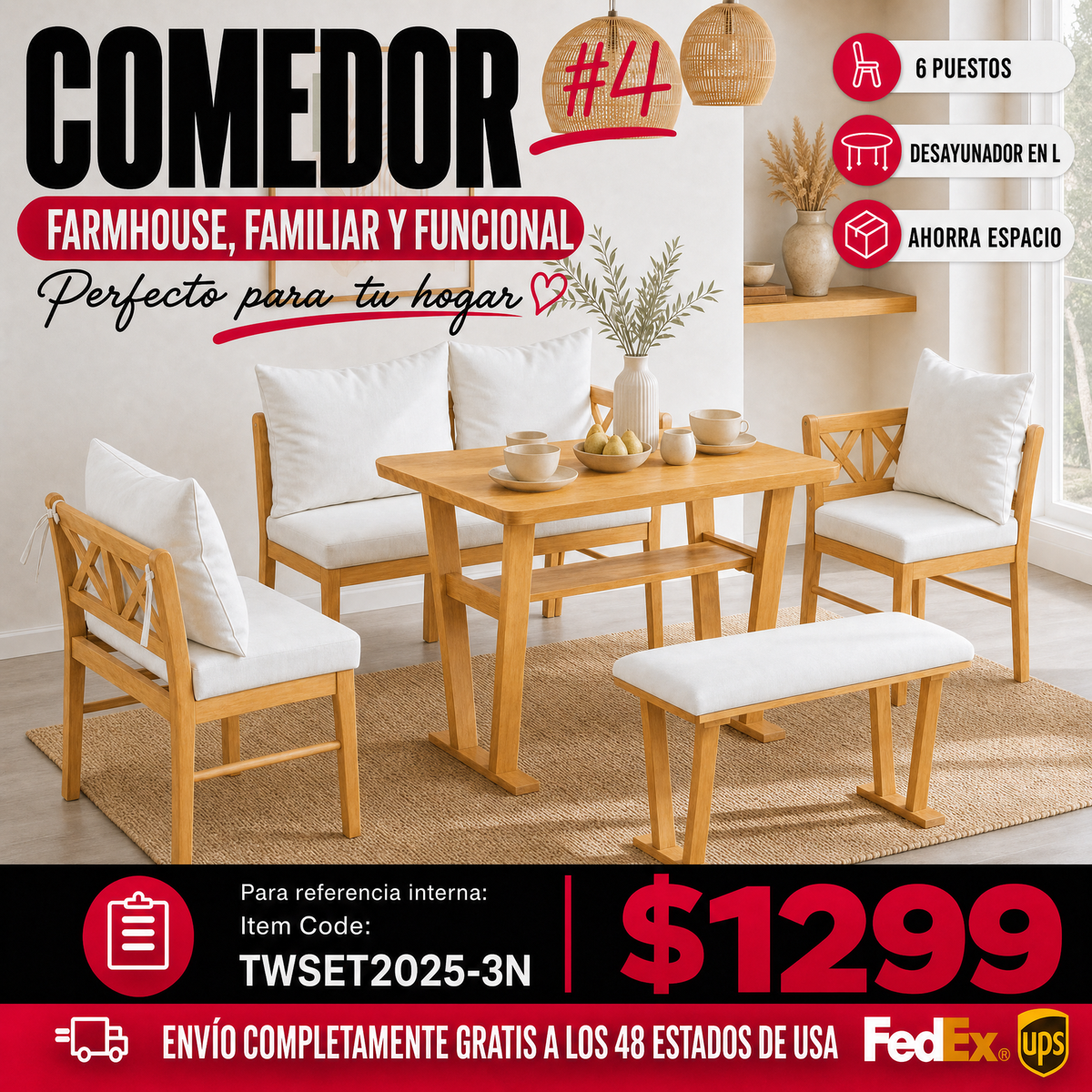 Comedor Madera Maciza 6 Puestos - 4 Sillas Tapizadas y Un Banco Blanco 48 - 004