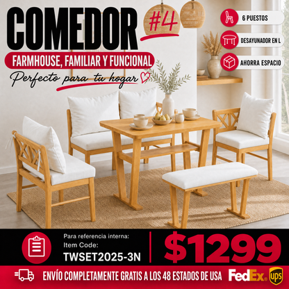 Comedor Madera Maciza 6 Puestos - 4 Sillas Tapizadas y Un Banco Blanco 48 - 004
