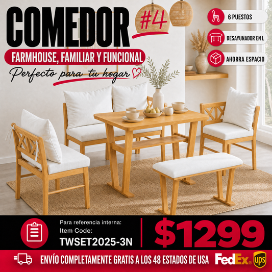 Comedor Madera Maciza 6 Puestos - 4 Sillas Tapizadas y Un Banco Blanco 48 - 004