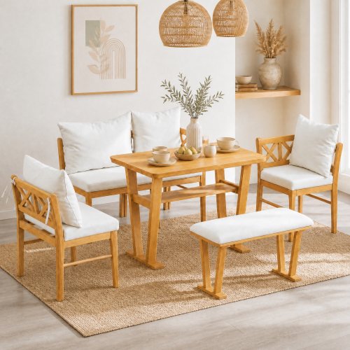 Comedor Madera Maciza 6 Puestos - 4 Sillas Tapizadas y Un Banco Blanco 48 - 004