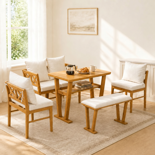 Comedor Madera Maciza 6 Puestos - 4 Sillas Tapizadas y Un Banco Blanco 48 - 004