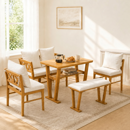 Comedor Madera Maciza 6 Puestos - 4 Sillas Tapizadas y Un Banco Blanco 48 - 004